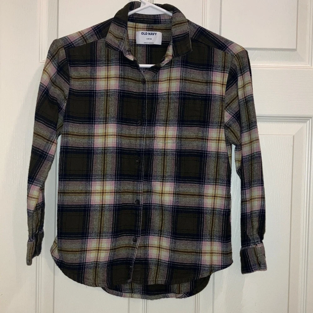 Old Navy Girls Plaid Flannel Shirt Size L 10–12 Pink Navy Olive Button Down